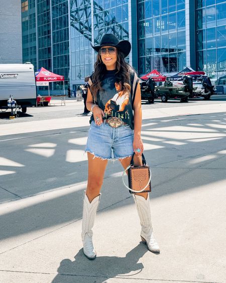 Rodeo outfit , concert outfit country concert outfit , cut off denim shorts , tall cream cowboy boots Lucchese cowgirl boots - cowgirl hat cowboy hat - Dallas cowboys - football summer - casual cowgirl - Nashville / music festival 

#LTKFindsUnder100 #LTKFestival #LTKStyleTip