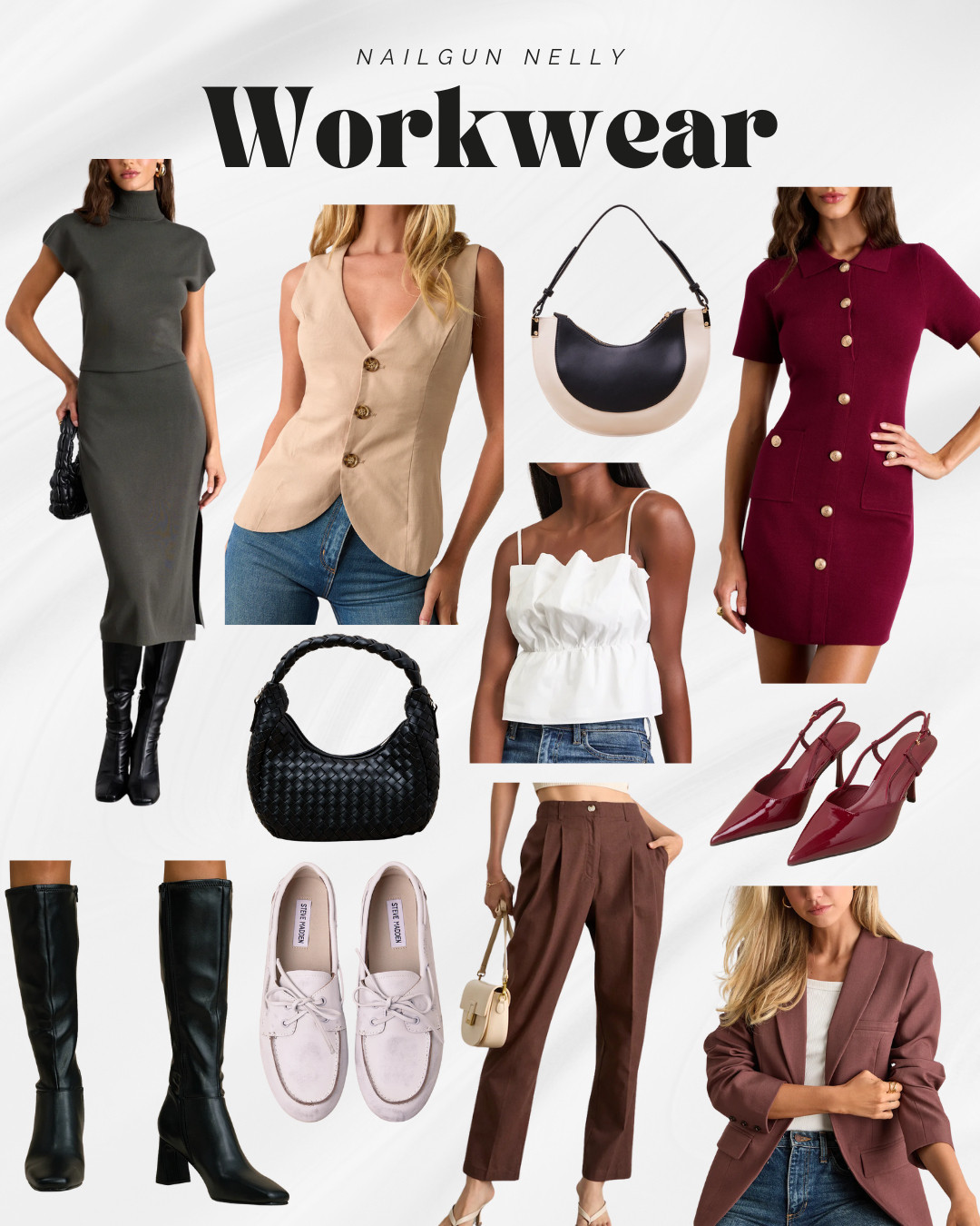 Fall Workwear!

burgundy dress, trousers, winter bags, sweater dress, black high boots, loafers, steve madden, blazer, red heels, peplum shirt, vest 

 #LTKWorkwear #LTKShoeCrush #LTKItBag