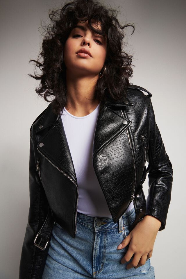 Croco Moto Faux Leather Jacket | Dynamite Clothing