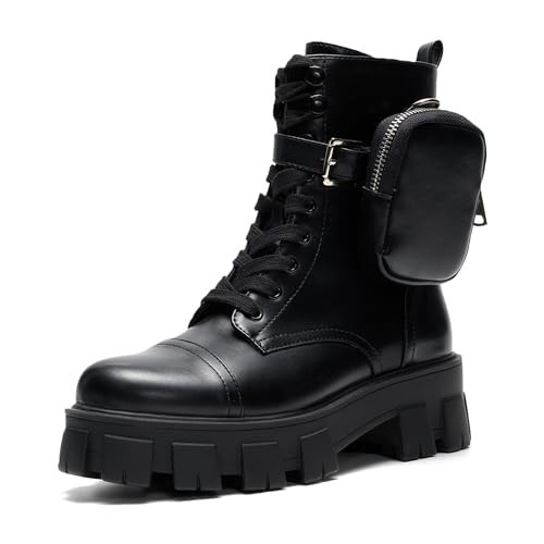 Cape Robbin Women's Combat Boots - Ankle Booties with Side Zipper, Pouch, Chunky Platform & Lace-Up Design (Monalisa) - Black 8 | Amazon (US)