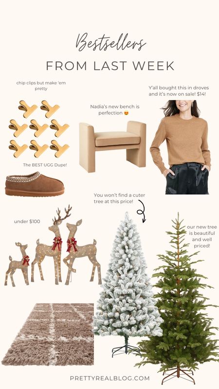 Weekly best sellers, flocked tree under $100, fall outfit, velvet bench, real feel tree, light up deer, Ugg look for less, shag geometric loloi rug 

#LTKhome #LTKHoliday