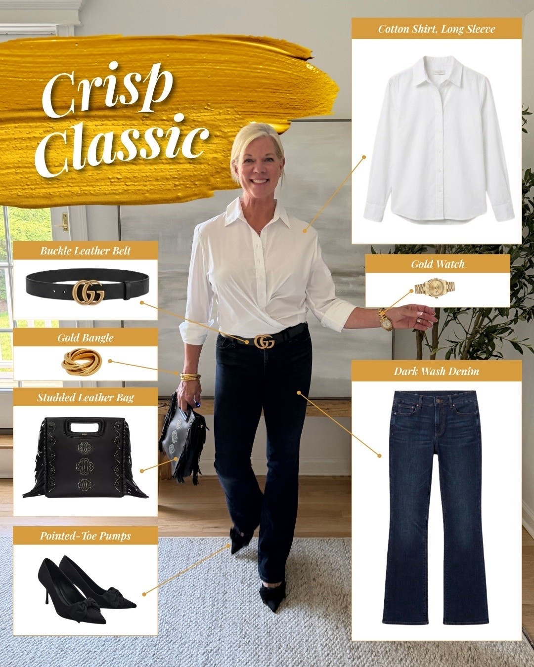 A timeless combo that never misses 🤍 A crisp white button-down tucked into dark wash denim, cinched with a Gucci-style leather belt, then finished with a gold watch, bangle, studded leather bag, and pointed-toe pumps for the perfect polished touch. Fall outfit ideas, white button down outfit, dark denim outfit, classic fall style, elevated casual, business casual outfit, over 40 fashion, over 50 style, timeless outfit inspo 🖤 Shop my look below — similar items linked!

#LTKootd #LTKSeasonal #LTKOver40
