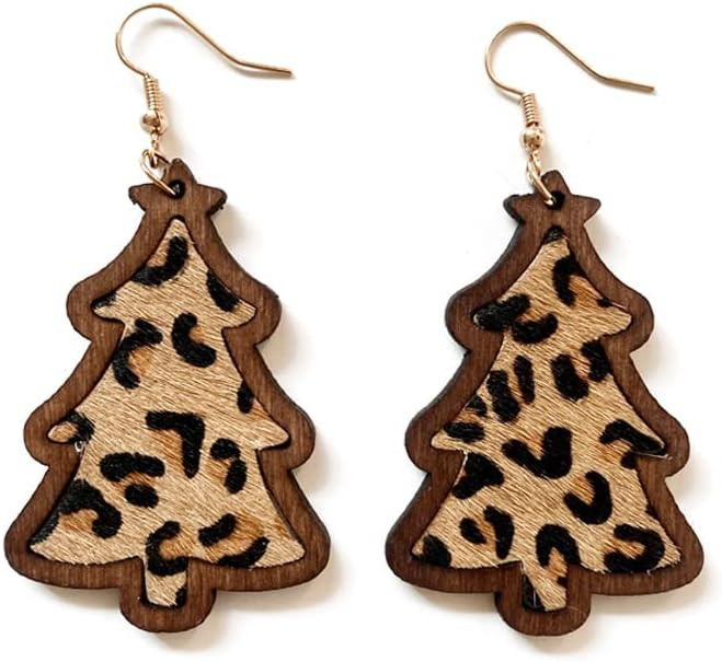 Wooden Christmas Tree Earrings, Vintage Leopard Cow Print Fur Leather Wooden Boho Earrings, Chris... | Amazon (US)