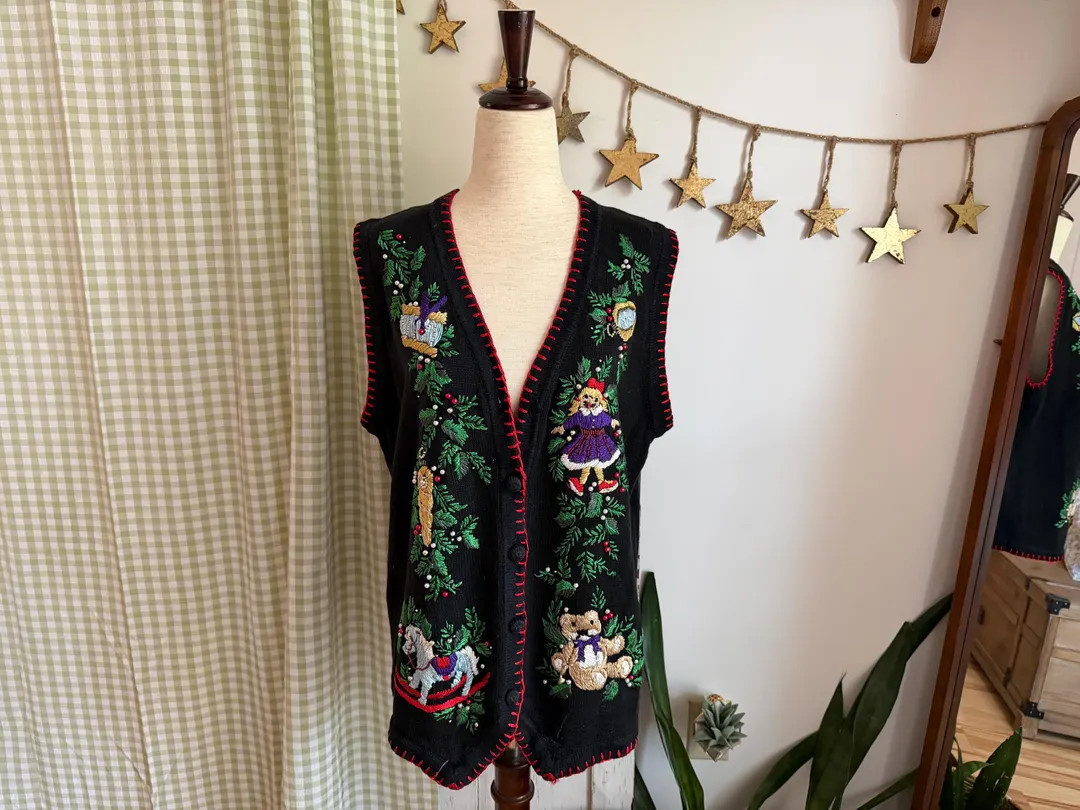 M- Vintage 1990s Christmas Embroidered Cardigan Sweater Vest with Toys, Doll, Teddy Bear, Rocking... | Etsy (US)
