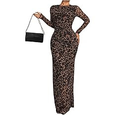 Women's Y2k Leopard Print Mesh Sheer Bodycon Maxi Dresses Cheetah Long Sleeve Elegant Formal Wedd... | Amazon (US)
