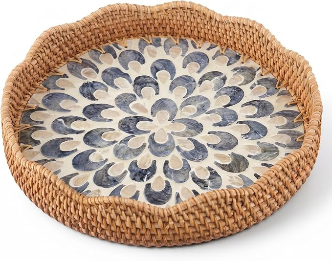 Scalloped Round Rattan Tray with Mother of Pearl Inlay 12 Inch Decorative Wicker Serving Tray wit... | Amazon (US)