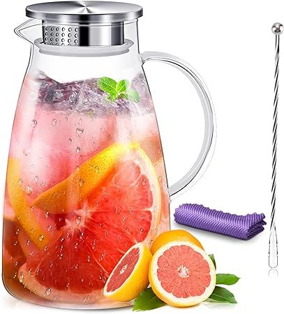 Glass Pitcher with Lid 68oz Water Jug Pitcher Stainless Steel Iced Tea Carafe Pitcher Drip-Free H... | Amazon (US)