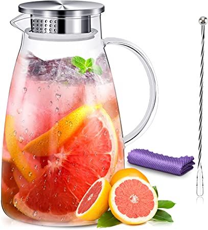 Glass Pitcher with Lid 68oz Water Jug Pitcher Stainless Steel Iced Tea Carafe Pitcher Drip-Free H... | Amazon (US)