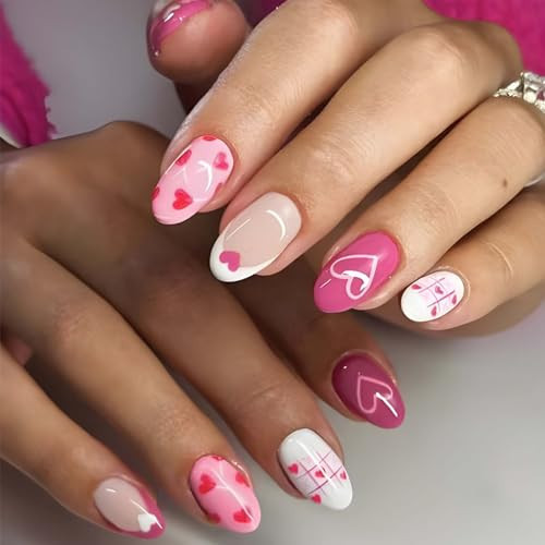 Almond Fake Nails Pink Press on Nails French Tip False Nails with Heart Design Medium Acrylic Nails Artificial Glossy Glue on Nail Stick on Nail for Women Manicure Art 24Pcs | Amazon (US)