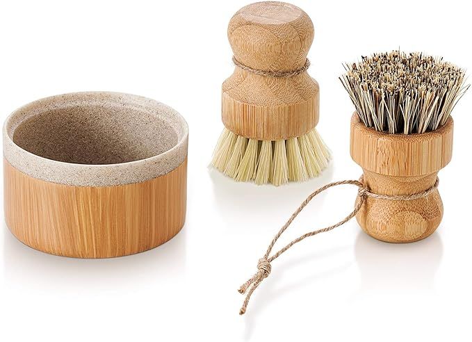 SUBEKYU Bubble Up Bamboo Dish Brush Set with Soap Holder, Wooden Dish Scrubber with Soap Dispense... | Amazon (US)