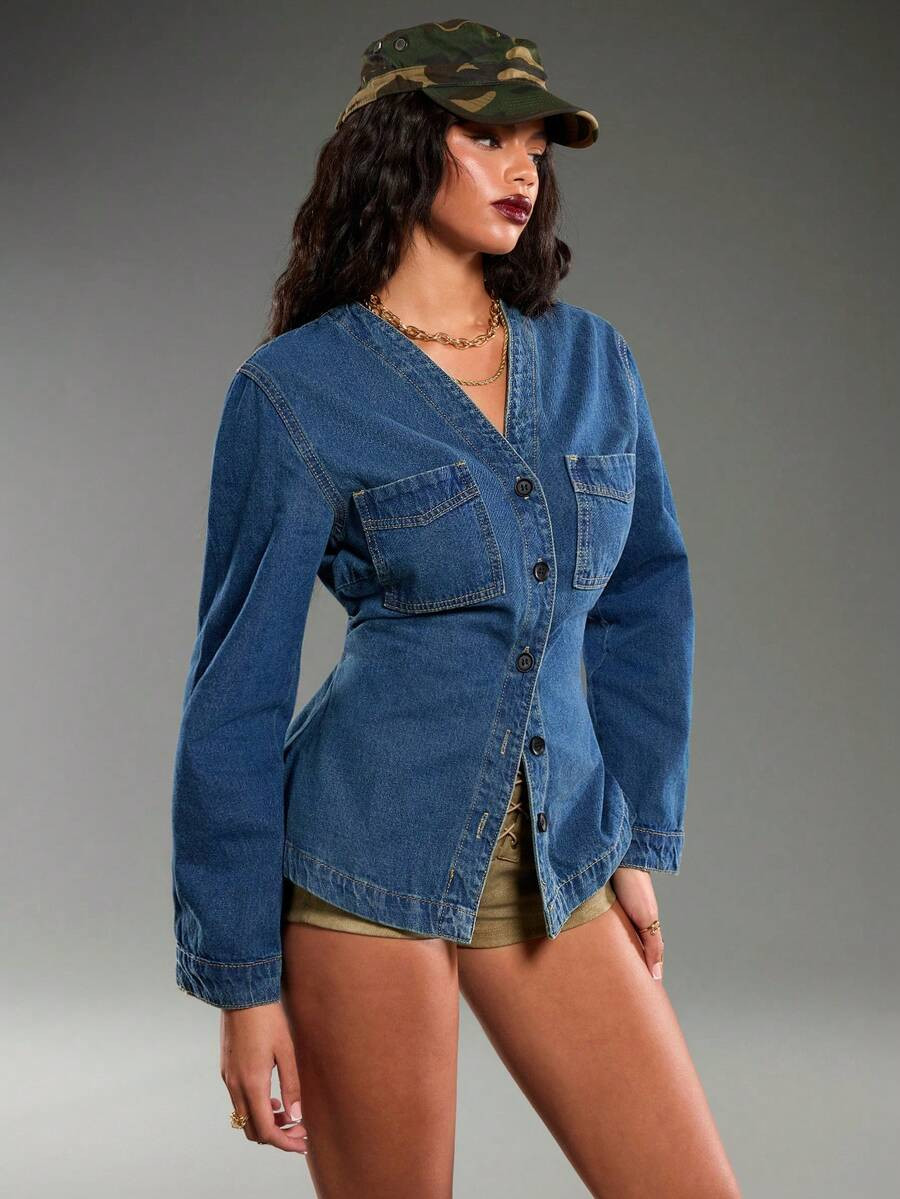 Normani Women's Fashion Front Button Waist Denim Blouse | SHEIN