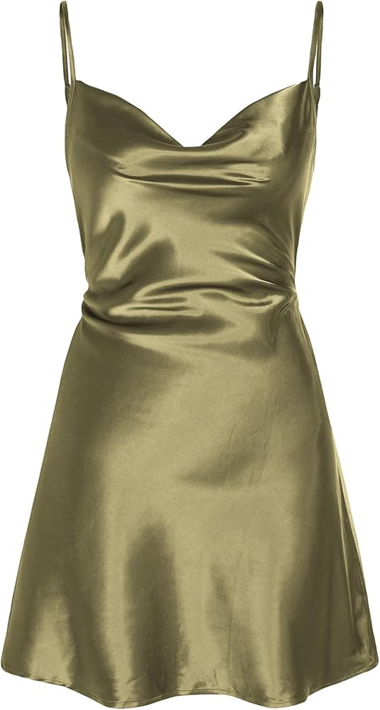 CIDER Summer Dresses 2024 Wedding Guest Dress Cocktail Dresses Solid Satin Cowl Neck Cami Mini Dr... | Amazon (US)