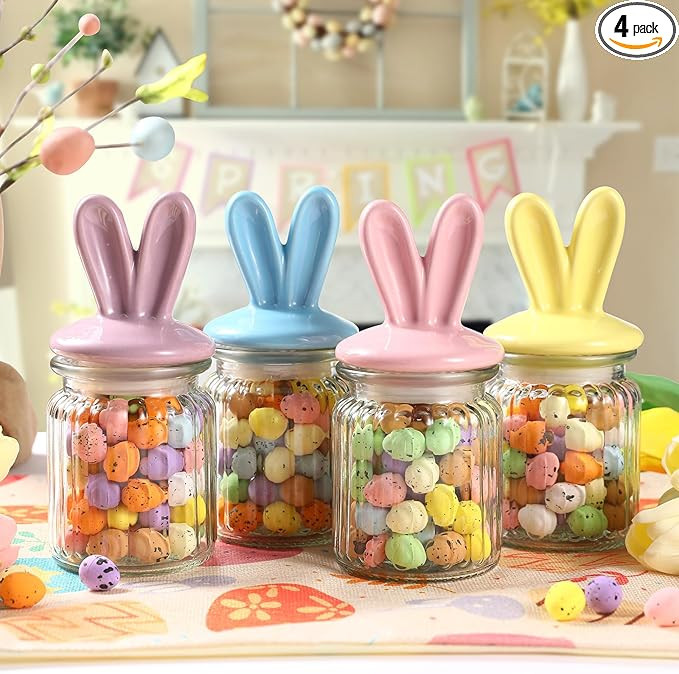 Easter Decorations- 4 PCS Glass Jars with Ceramic Bunny Ear Lid-Easter Glass Storage for Chocolat... | Amazon (US)
