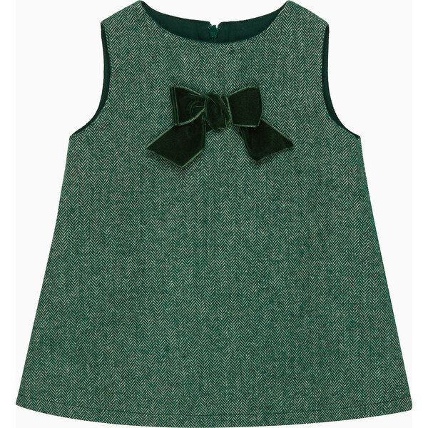 Little Georgina Bow Pinafore Dress, Green Herringbone | Maisonette