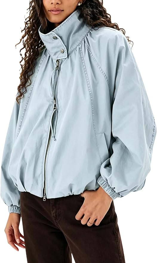 Womens Stand Collar Zipped Bomber Jacket Elastic Cuff Pleated Hem Oversized Casual Baggy Windbrea... | Amazon (US)