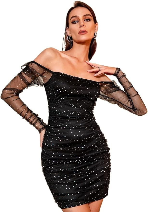 IFAJOOR Womens Dresses, Square Neck Contrast Sequin Mesh Bodycon Dress, Casual Dresses for Women ... | Amazon (US)