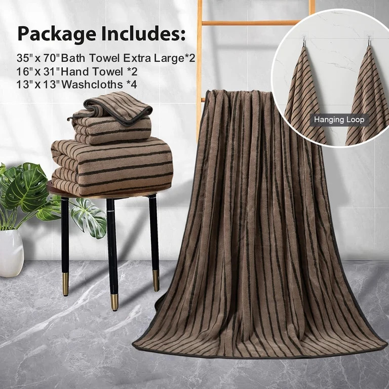Jessy Home 8 Pcs Dark Brown Bicolor bar Stripe Large Bath Towels Set 2 Oversized Bathroom Towels,... | Walmart (US)