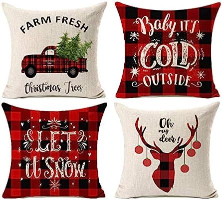 Kithomer Set of 4 Christmas Decorations Pillow Covers Christmas Buffalo Plaid Farmhouse Decor Thr... | Amazon (US)