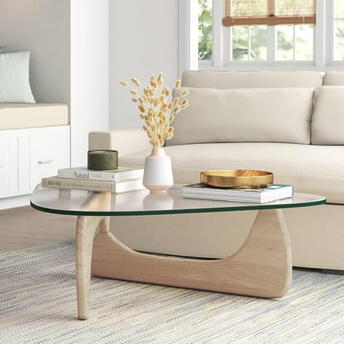 OTDMEL Triangle Glass Coffee Table with Solid Wood Base, Vintage Clear Glass Top Modern Design for Living Room, Patio, Study, White Ash | Amazon (US)