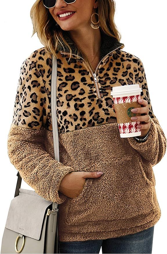 Angashion Women Sweater Long Sleeve Half Zip Up Warm Fuzzy Leopard Print Patchwork Fleece Pullove... | Amazon (US)