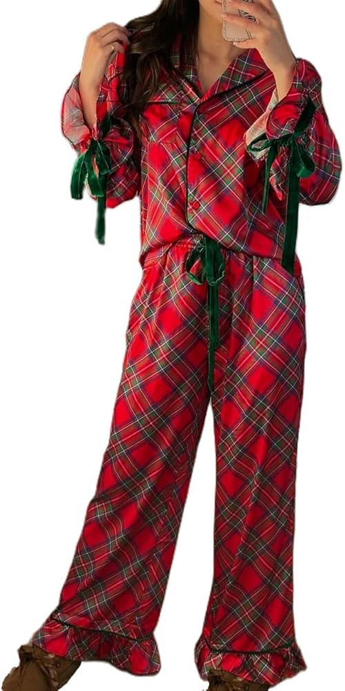 Argeousgor Women Christmas Satin Pajamas Striped 2 Piece Pjs Set Long Sleeve Button Down Shirt Bo... | Amazon (US)