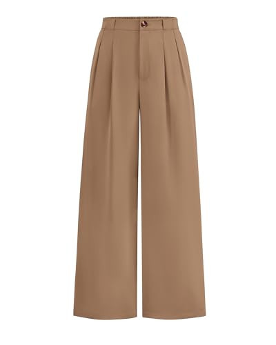 KIRUNDO Wide Leg Dress Pants for Women High Waisted Office Work Trousers Business Casual Slacks Button Flowy Palazzo Pant(Khaki, Medium) | Amazon (US)