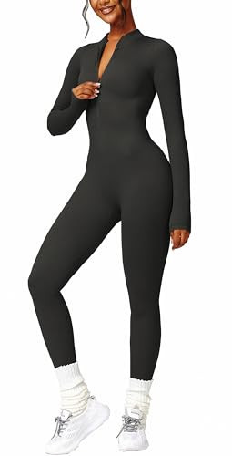 GymNatural Black Jumpsuits for Women Long Sleeve Ribbed Gym One Piece Workout Outfit Zip Up Bodycon Sexy Bodysuit Yoga Romper Small | Amazon (US)
