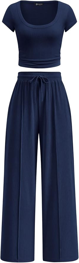PRETTYGARDEN Women's Summer 2 Piece Matching Lounge Sets | Ribbed Comfy Clothing,Short Sleeve Cro... | Amazon (US)