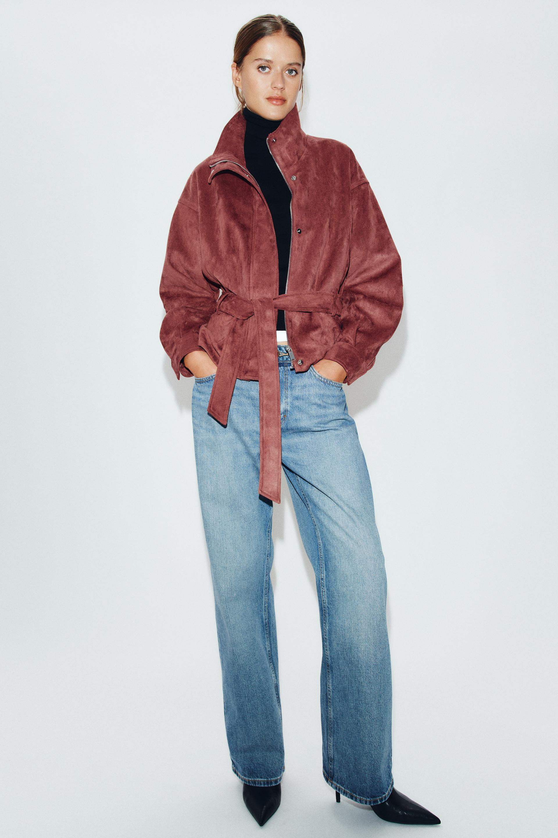 Zara - Faux Suede Jacket With Belt - Marsala - M - Woman | Zara US
