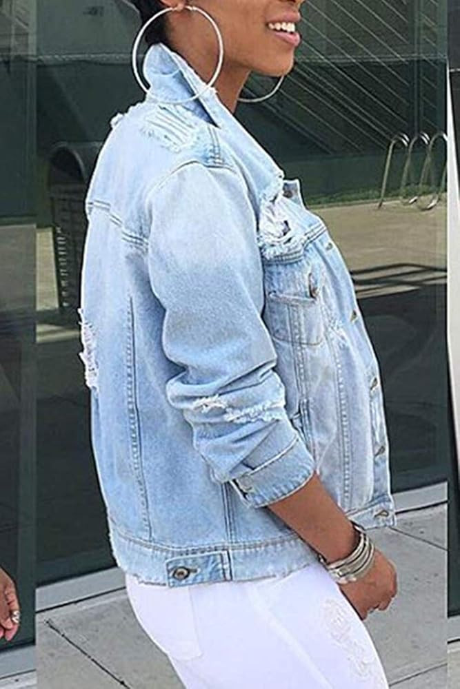Vosujotis Womens Denim Jackets Distressed Long Sleeve Jean Jacket Coats | Amazon (US)