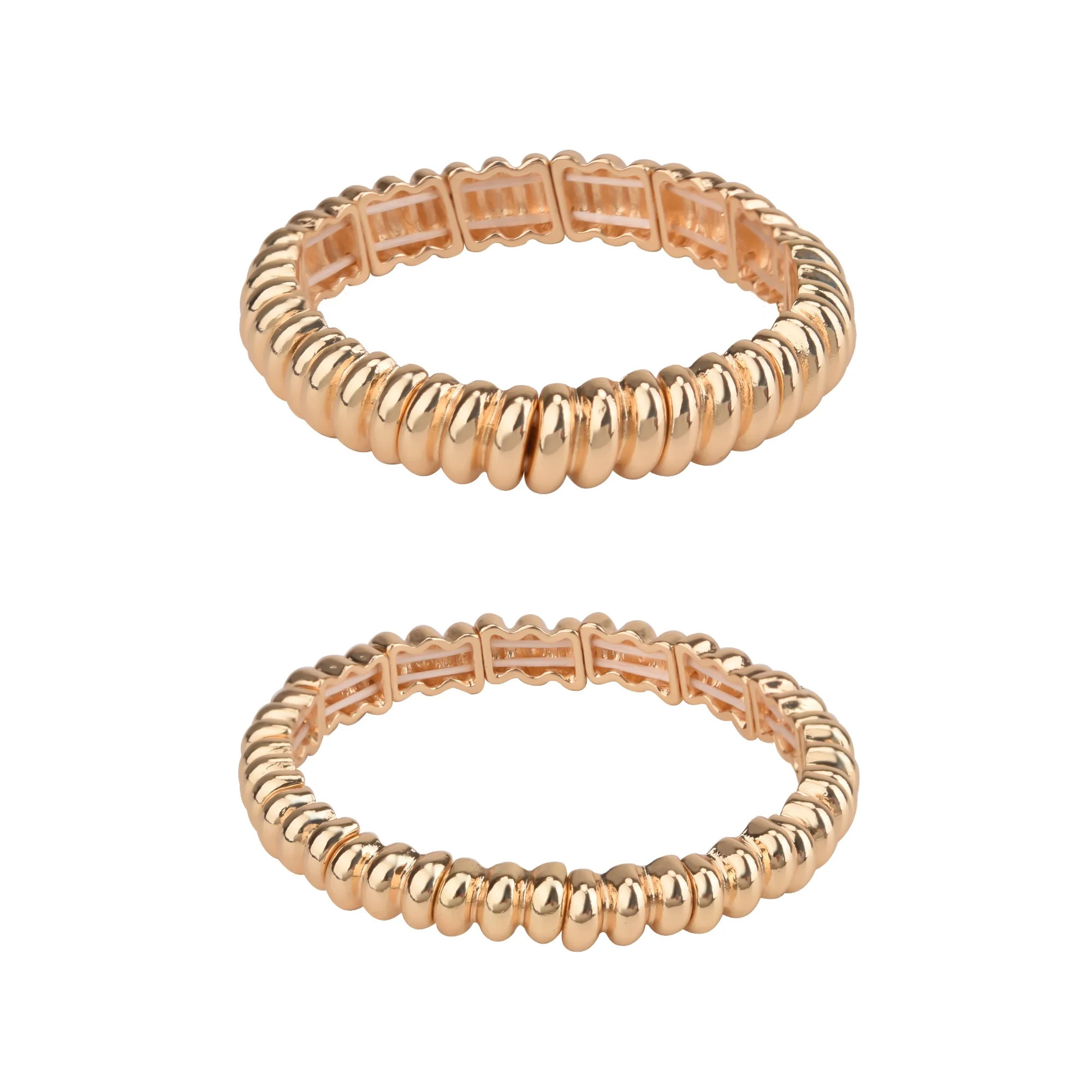 Time and Tru Adult Women's Gold-Tone Textured Metal Stretch Bracelet Set, 2 Piece | Walmart (US)