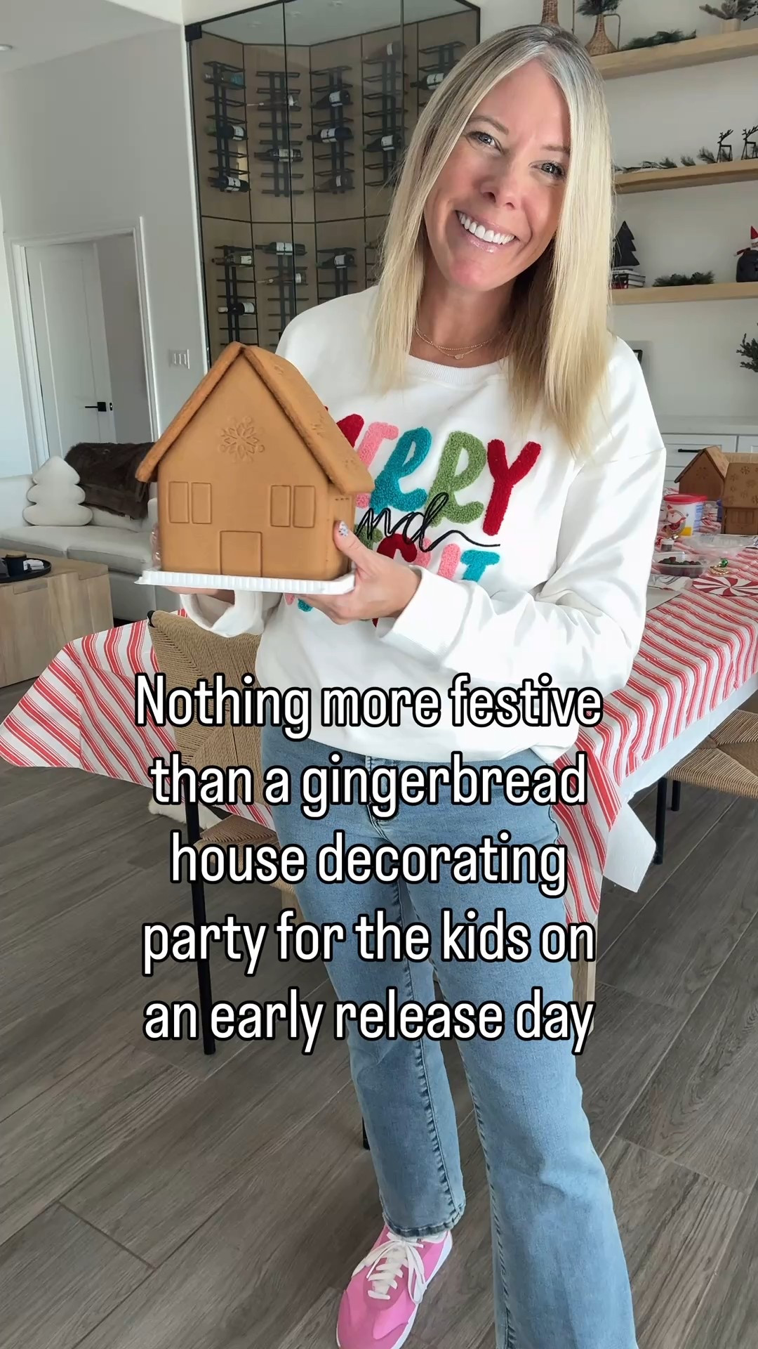 Merry and bright Christmas sweatshirt with jeans and pink Nike sneakers. Sized medium shirt and 2/26 jeans. Sneakers tts 

#LTKHoliday #LTKdayinmylife #LTKmomlife