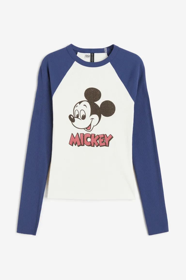 Long-sleeved Printed Top - Bright blue/Mickey Mouse - Ladies | H&M US | H&M (US)