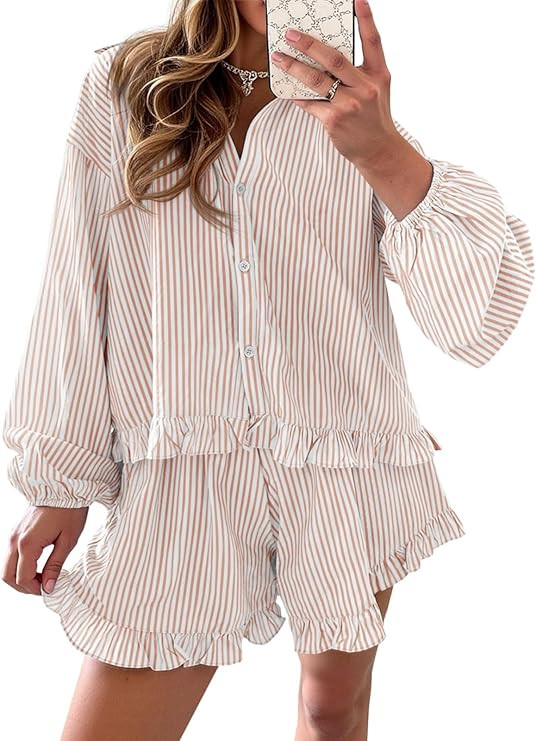 Fisoew Womens Stripe 2 Piece Lounge Sets Button Down Ruffle Shirts Shorts Sets Casual Oversized P... | Amazon (US)