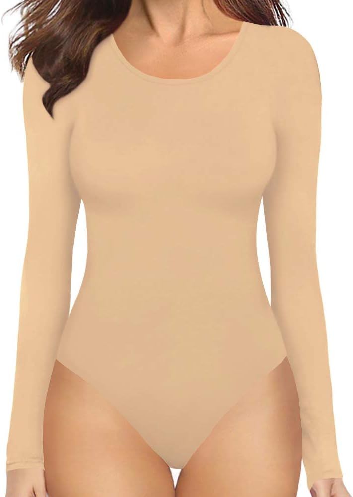 MANGOPOP Women's Round Collar Clothing Short Sleeve Long Sleeve Tops T Shirt Bodysui | Amazon (US)