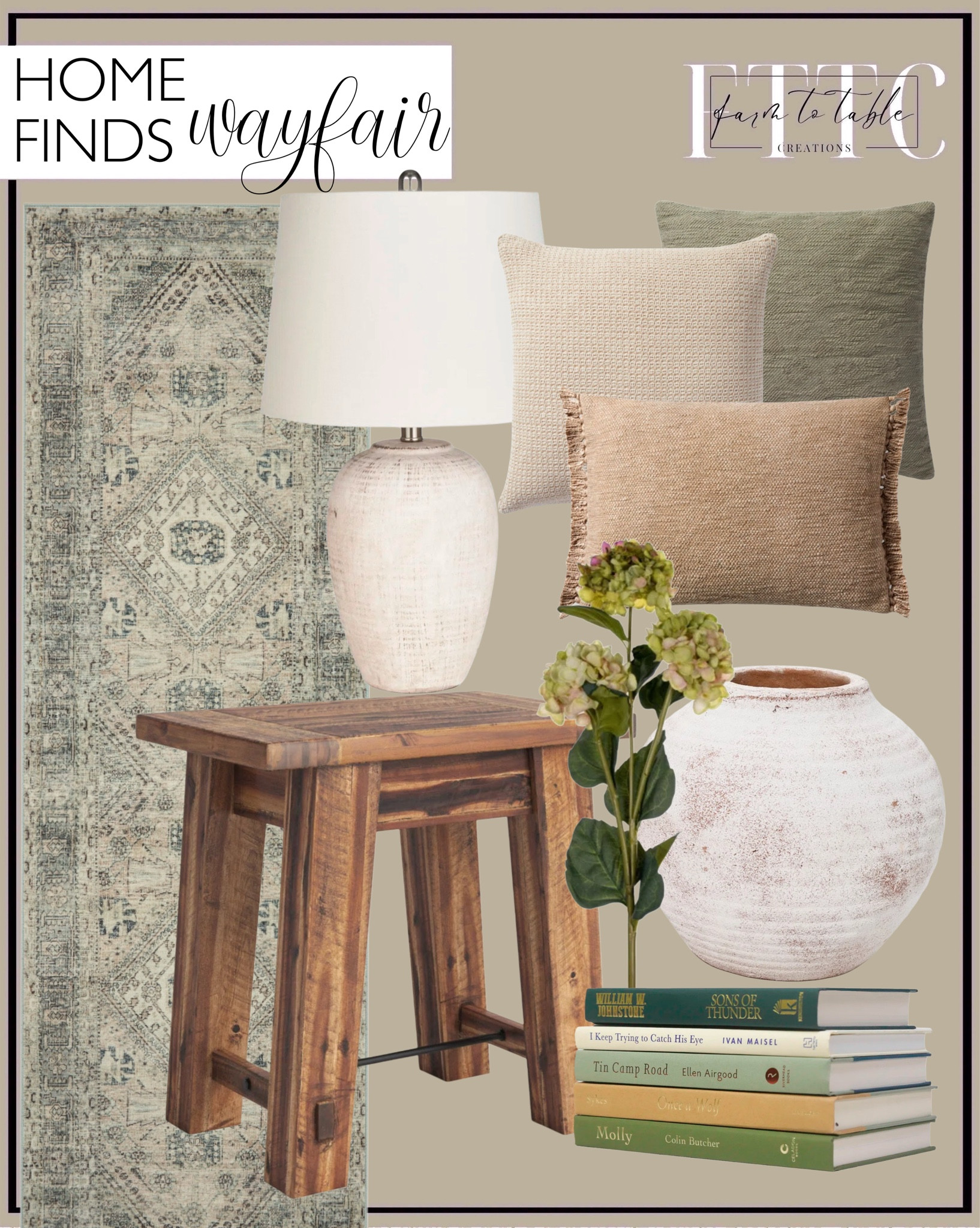 Wayfair Home Finds. Follow @farmtotablecreations on Instagram for more inspiration.

Magnolia Home x Loloi Sinclair Machine Washable Rug. Ceramic Table Lamp. Magnolia Home x Loloi Joy Beige Pillow. Jett Throw Pillow. Scarlett taupe pillow. Daryl 27" Wide Industrial Rustic Solid Wood Metal End Table. Hydrangea Stems. Terracotta Table Vase. Decorative Books. 

Living Room | Dining Room | Dining Room Artwork | Bathroom Finds | Bedroom Finds | Bedroom Furniture | nightstands | Home Decor| Fireplace Decor | Spring Refresh |  Bedroom Finds | Neutral Stems | Spring Stems | Bookshelf Decor | Bedroom Space | Cozy  Corner | Bathroom | Curated Entryway | Spring  Decor | End of Year Clearance | Trending Decor | Viral Decor  | Coffee Table Decor | Neutral Decor | Fall Stem Sale | Target Finds | Skinny Bench | Bedroom | Living Room | Breakfast Nook | Amazon Home | Target Sale | Loloi Rugs | Magnolia Home | console table | console table styling | faux stems | entryway space | front porch decor | neutral decor | entryway decor | cozy home | affordable decor |  home decor | home inspiration | console styling | entryway rug | cozy moody home | moody home decor | neutral home | bathroom decor | living room | spring decor | Hearth & Hand | Studio McGee | 2025 Home Trends | trending home | Crate&Barrel 




#LTKFindsUnder50 #LTKSaleAlert #LTKHome