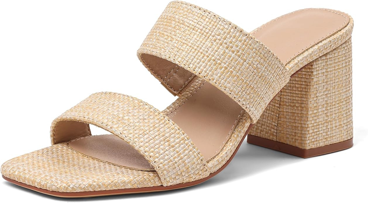 Ancomafio Heeled Sandals for Women Raffia Sandals 2025 Chunky Block Heels Square Open Toe Heels D... | Amazon (US)