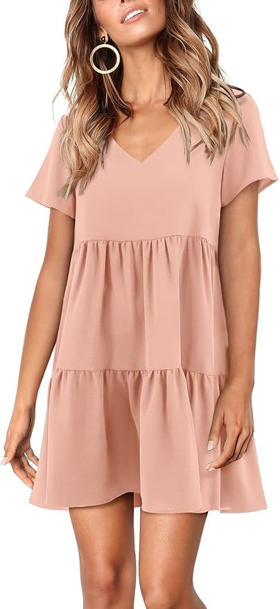 Amoretu Women Summer Tunic Dress V Neck Casual Loose Flowy Swing Shift Dresses | Amazon (US)