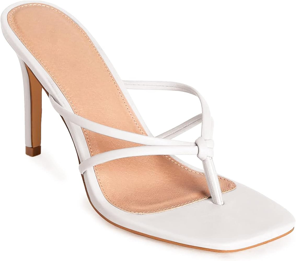 Womens Slip On Thong Heeled Sandal Square Toe Flip Flops Straps Stilletto Heel Slides Mule Shoes | Amazon (US)