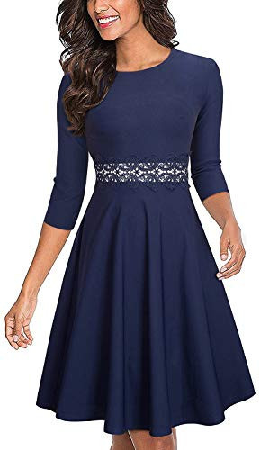 HOMEYEE Women's Cocktail A-Line Embroidery Party Summer Wedding Guest Dress A079 (8, Dark Blue-3/4 Sleeve) | Amazon (US)