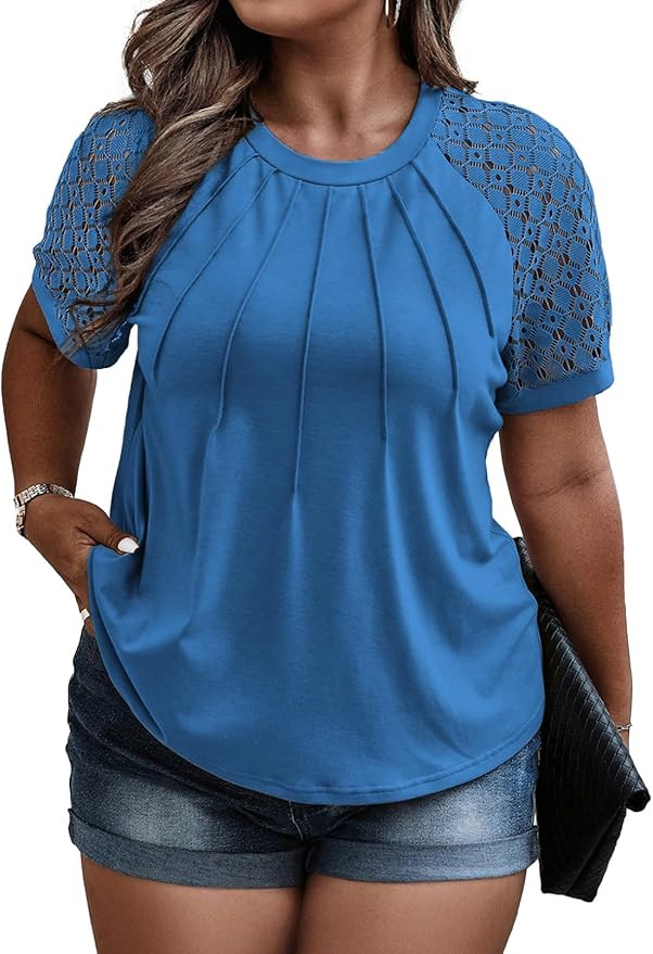 Eytino Plus Size Tops for Women Summer Lace Short Sleeve Crewneck Loose Casual Blouse Tunic T Shi... | Amazon (US)