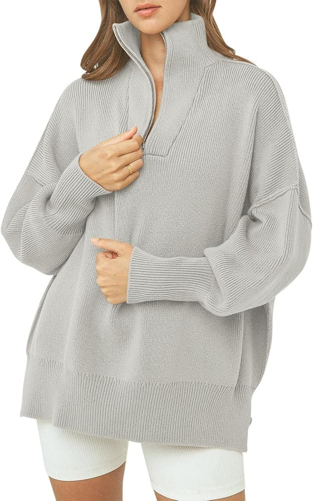 Prinbara Women's Long Sleeve 1/4 Zipper Drop Shoulder Oversized Slouchy Ribbed Knit Sweatshirt Pu... | Amazon (US)