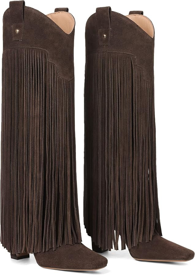 Mattiventon Knee High Boots for Women Fashion Fringe Boots with Square Toe Chunky Heel Pull On Su... | Amazon (US)