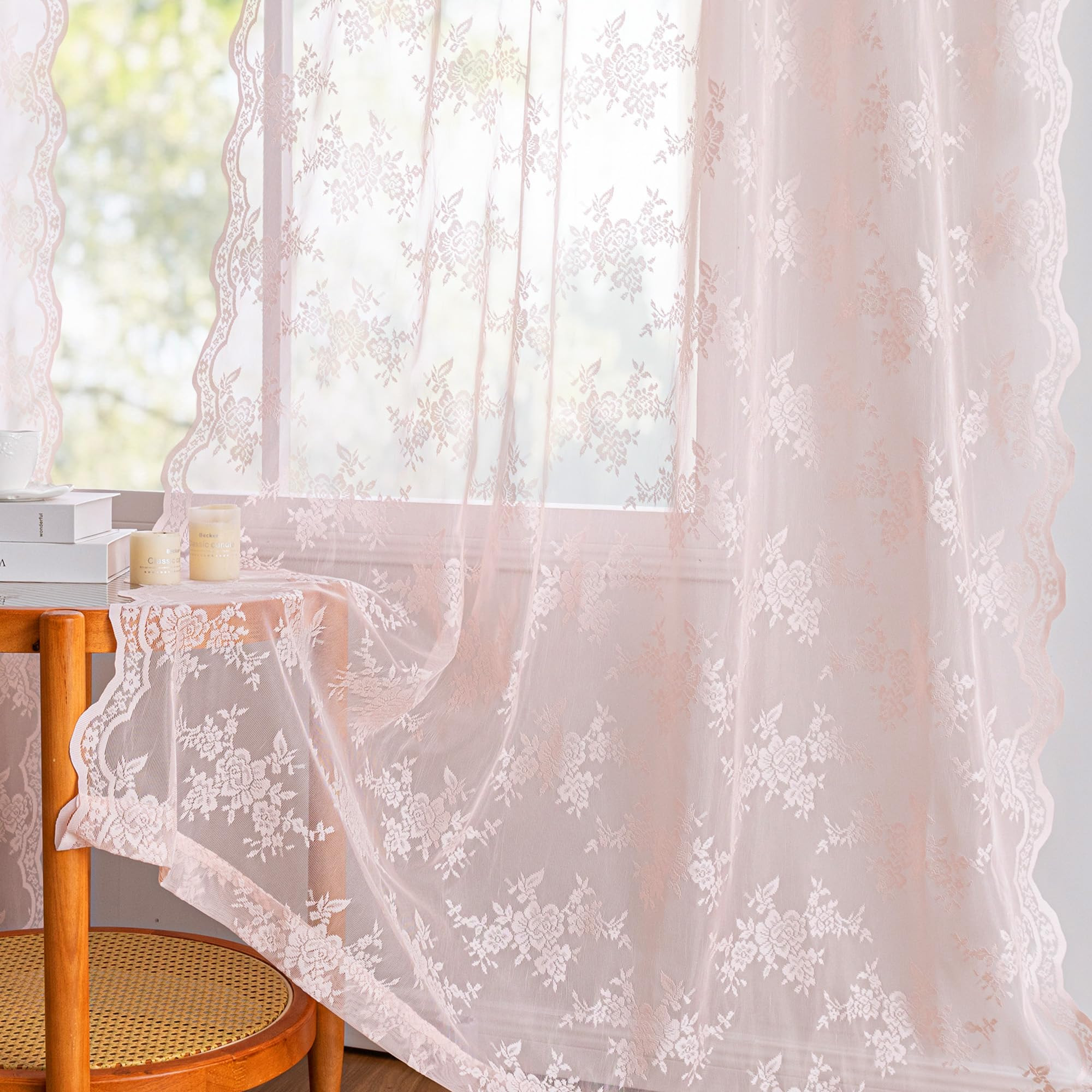 MEETSKY Pink Lace Sheer Curtains 84 Inches Long 2 Panels Set for Girls Room Bedroom Vintage Victo... | Amazon (US)