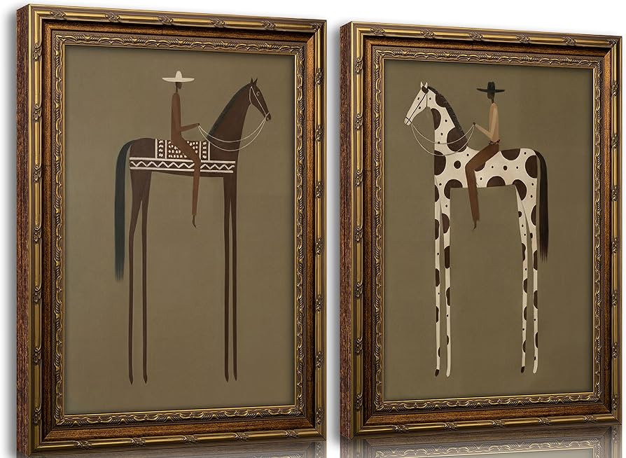 2Pcs Abstract Cowboy Equestrian Canvas Wall Art Vintage Gold Framed 9x11in | Amazon (US)