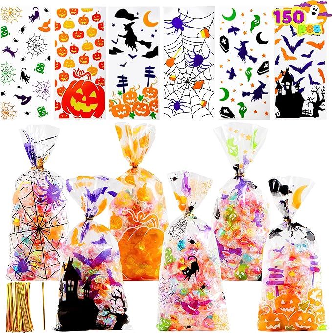 JOYIN 150 PCS Halloween Cellophane Treat Bags Clear Candy Bags with Twist Ties, Halloween Goodie ... | Amazon (US)