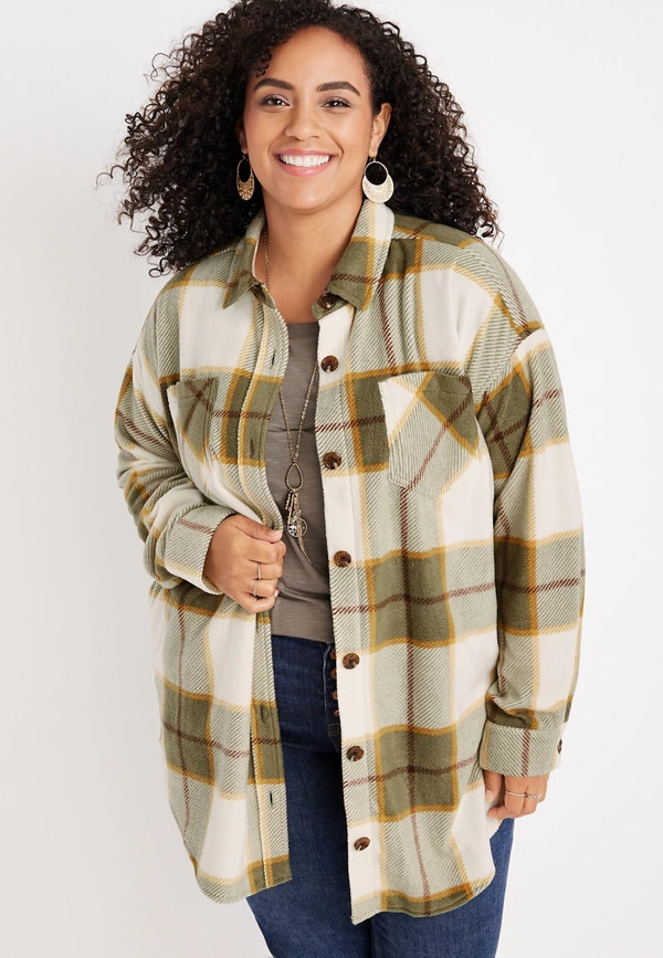 Plus Size Olive Plaid Fleece Shacket | Maurices