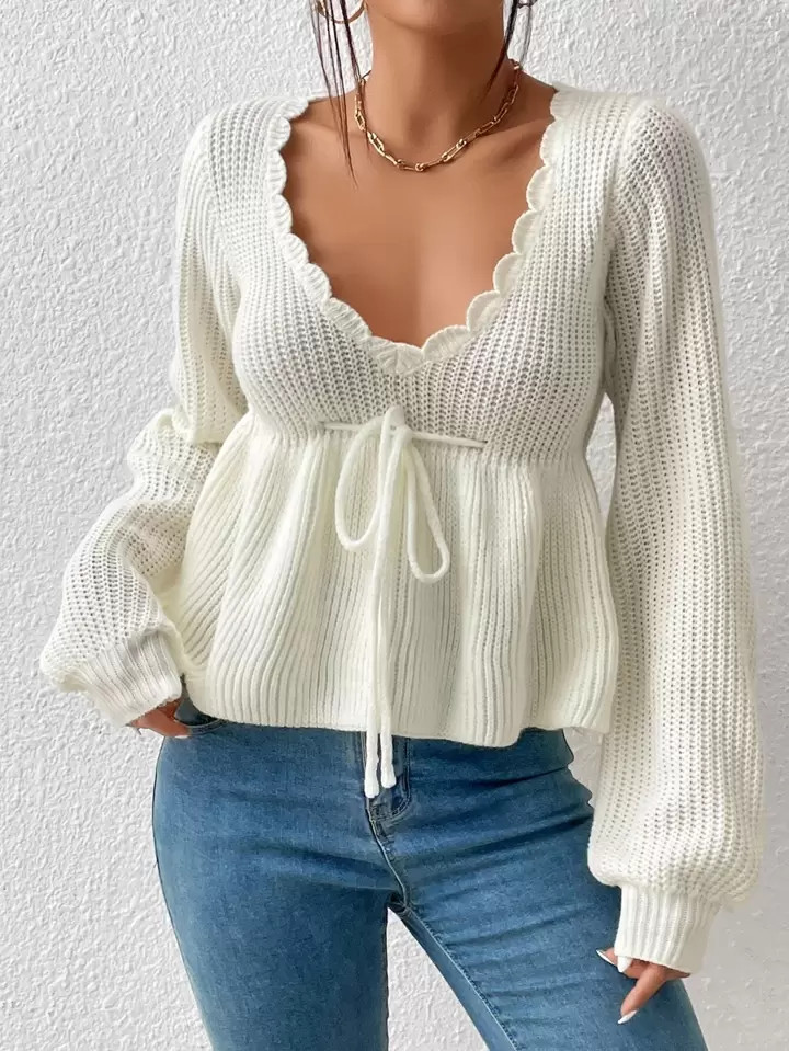 SHEIN Qutie Scallop Trim Tie Front Peplum Sweater | SHEIN