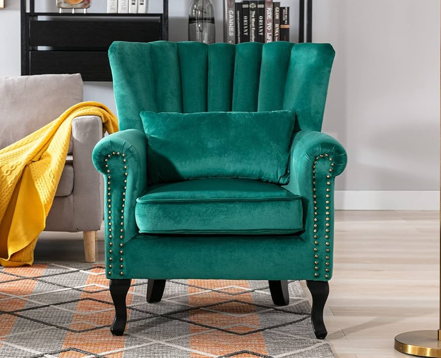 Kmax Green Accent Chair Velvet Wingback Chair with Pillow Nail-Head Channel Tufted Club Oversized... | Amazon (US)