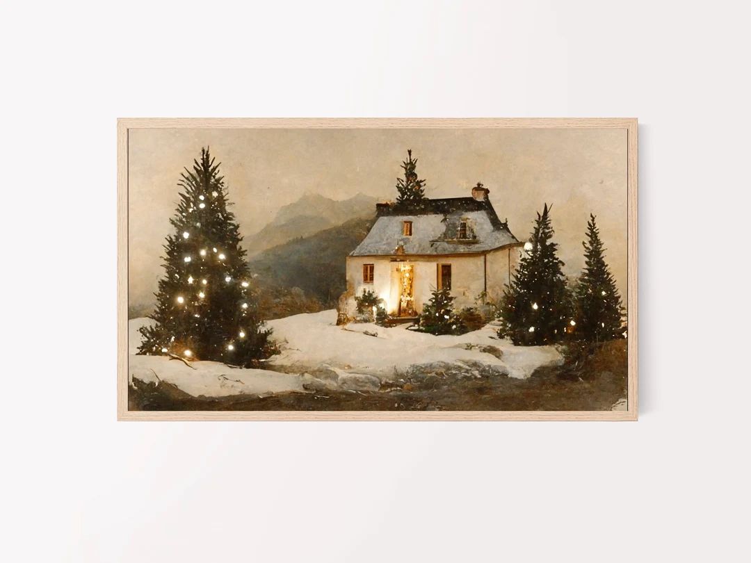 Samsung Christmas Frame TV art - christmas winter cabin at night, twinkle lights, holidays, insta... | Etsy (US)